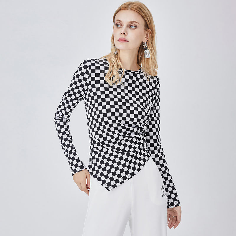 Black and white plaid slim bottoming shirt