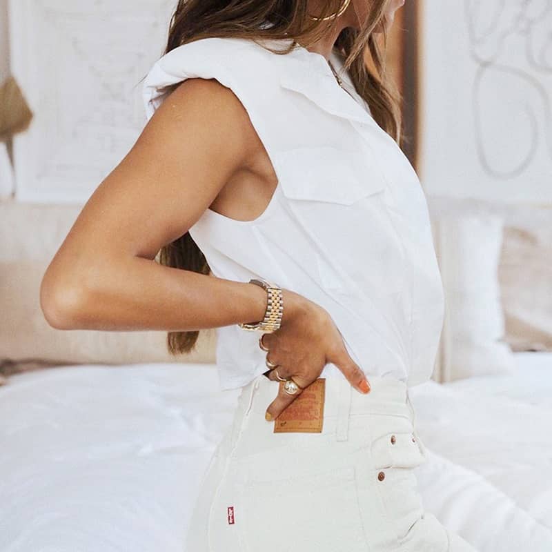 Women's white shoulder pad sleeveless shirt