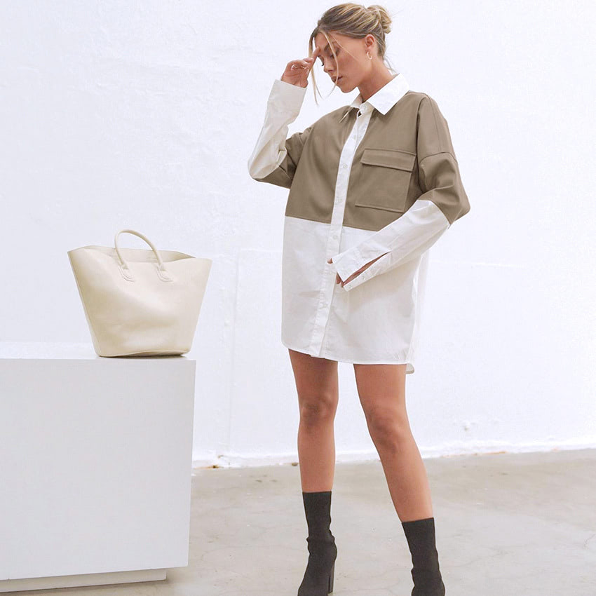 Patchwork PU loose mid-length shirt