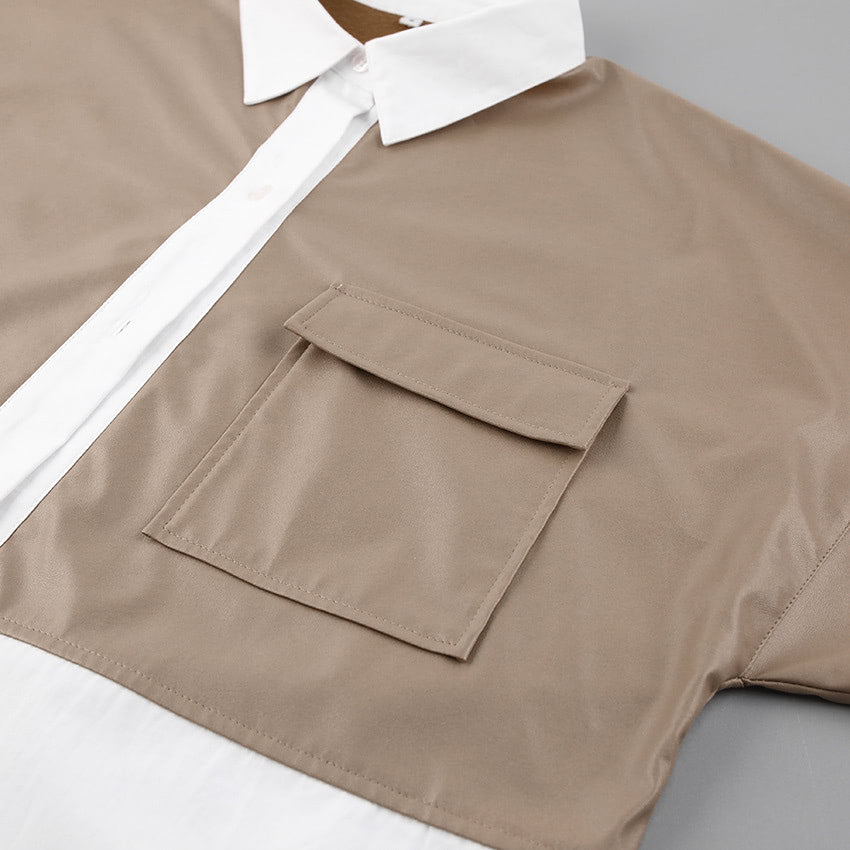 Patchwork PU loose mid-length shirt