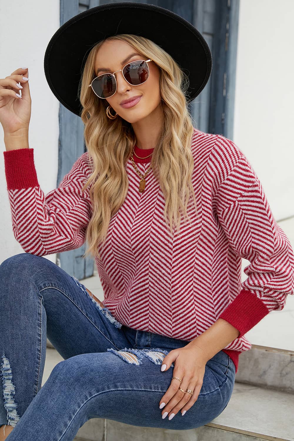 Long Sleeve Round Neck Fashion Knit Striped Sweater
