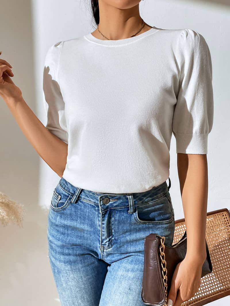 Crewneck knitted pleated short-sleeved sweater