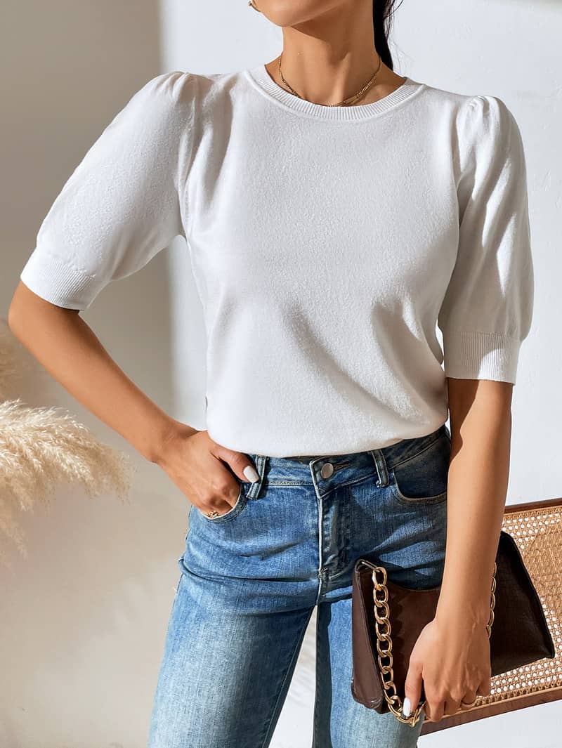 Crewneck knitted pleated short-sleeved sweater
