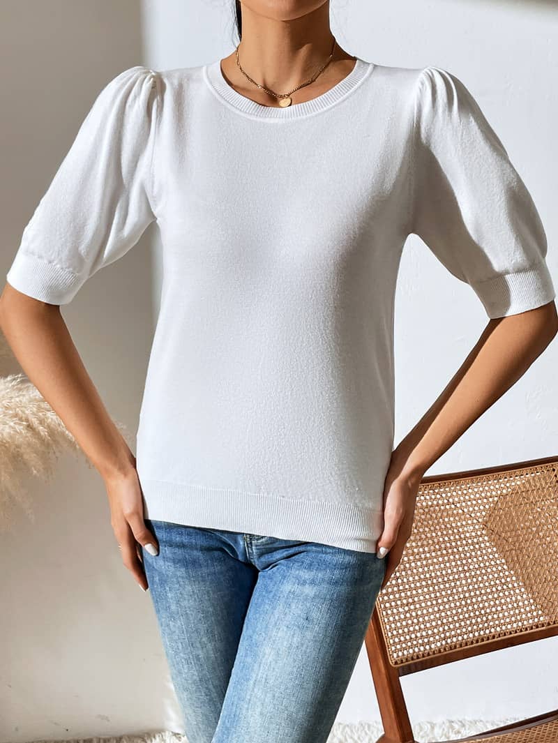 Crewneck knitted pleated short-sleeved sweater