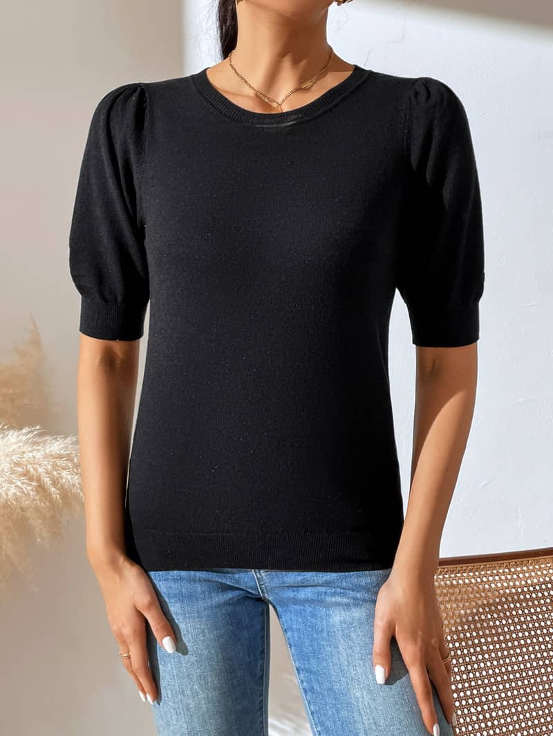Crewneck knitted pleated short-sleeved sweater