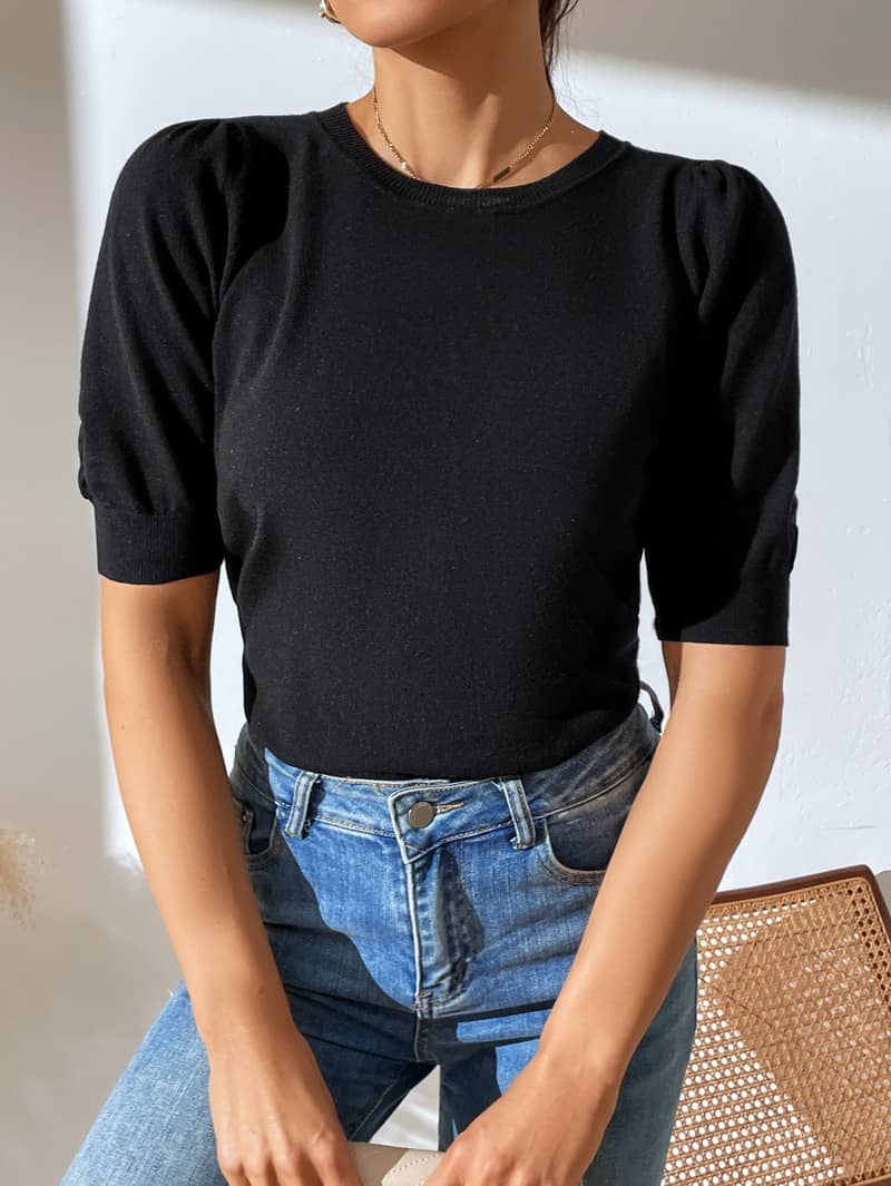 Crewneck knitted pleated short-sleeved sweater