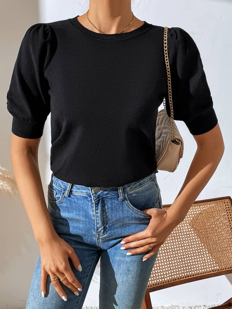 Crewneck knitted pleated short-sleeved sweater