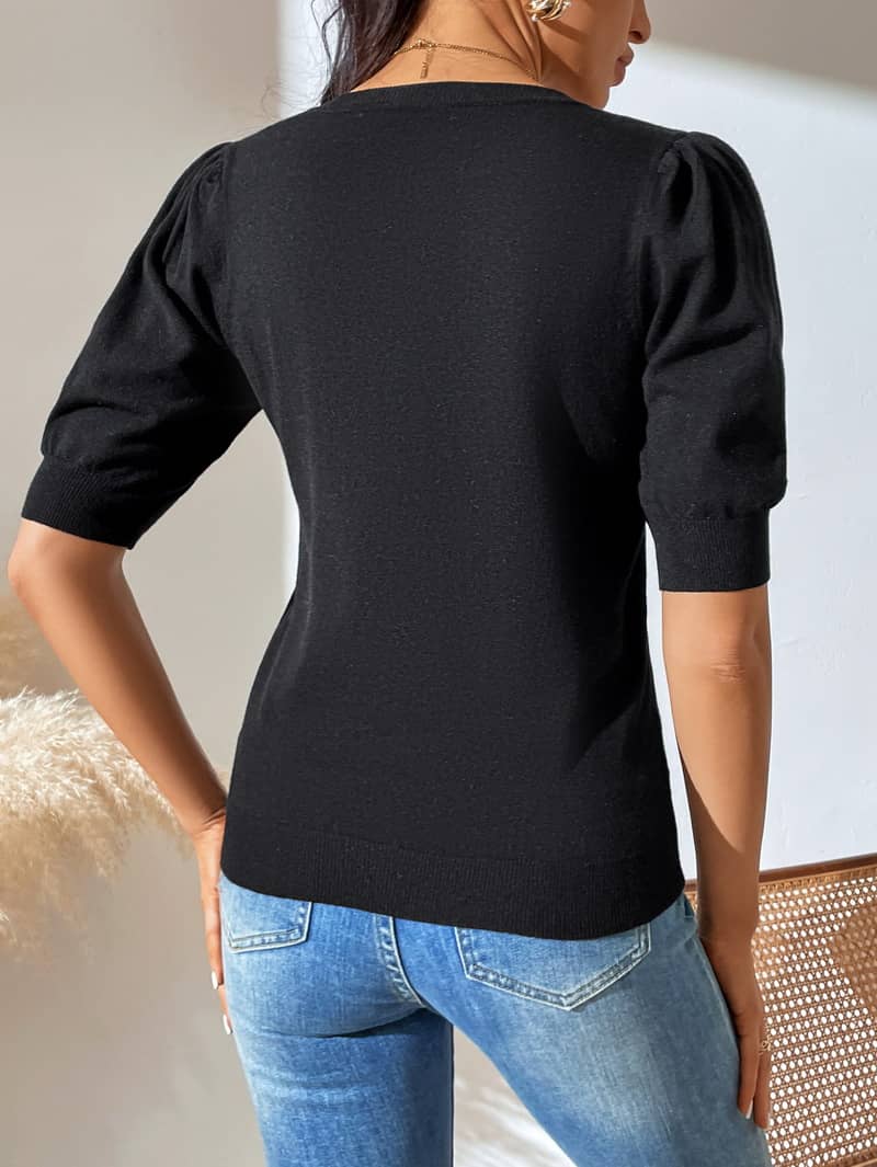 Crewneck knitted pleated short-sleeved sweater