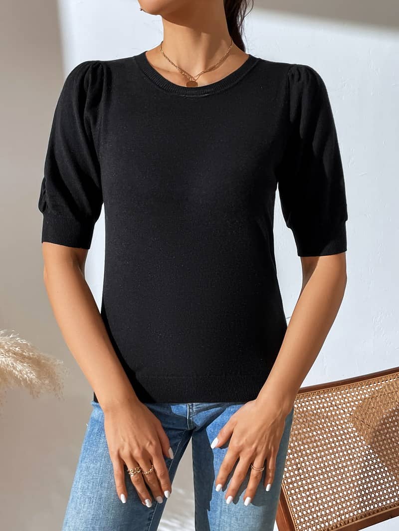 Crewneck knitted pleated short-sleeved sweater