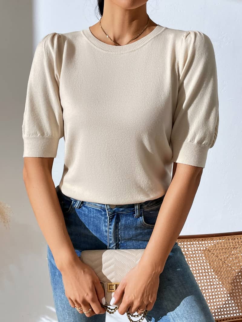 Crewneck knitted pleated short-sleeved sweater
