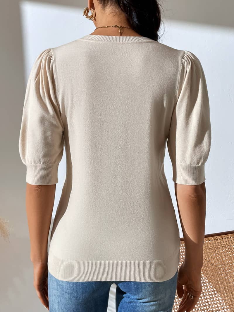 Crewneck knitted pleated short-sleeved sweater