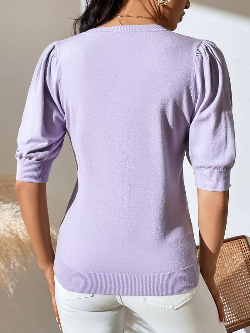 Crewneck knitted pleated short-sleeved sweater