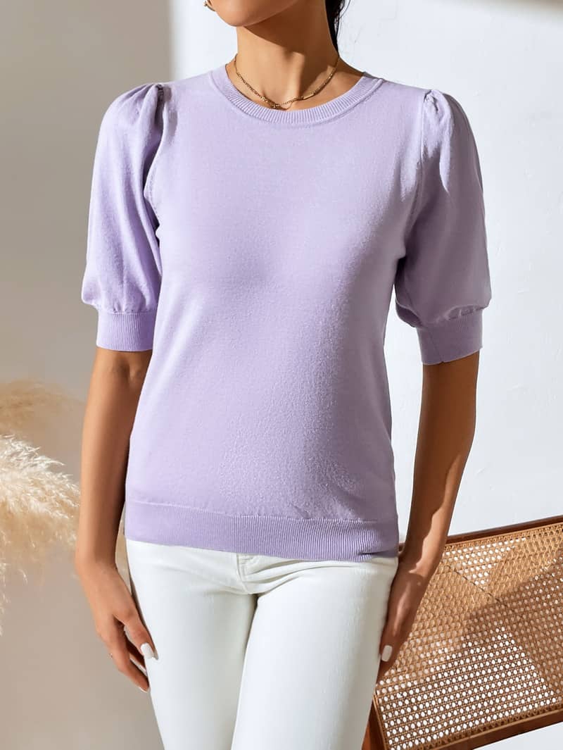 Crewneck knitted pleated short-sleeved sweater