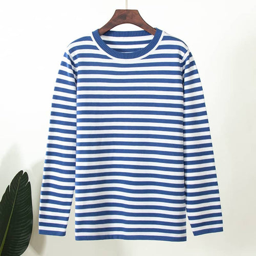 Crew-neck Striped Bottomed Knit Sweater For Women