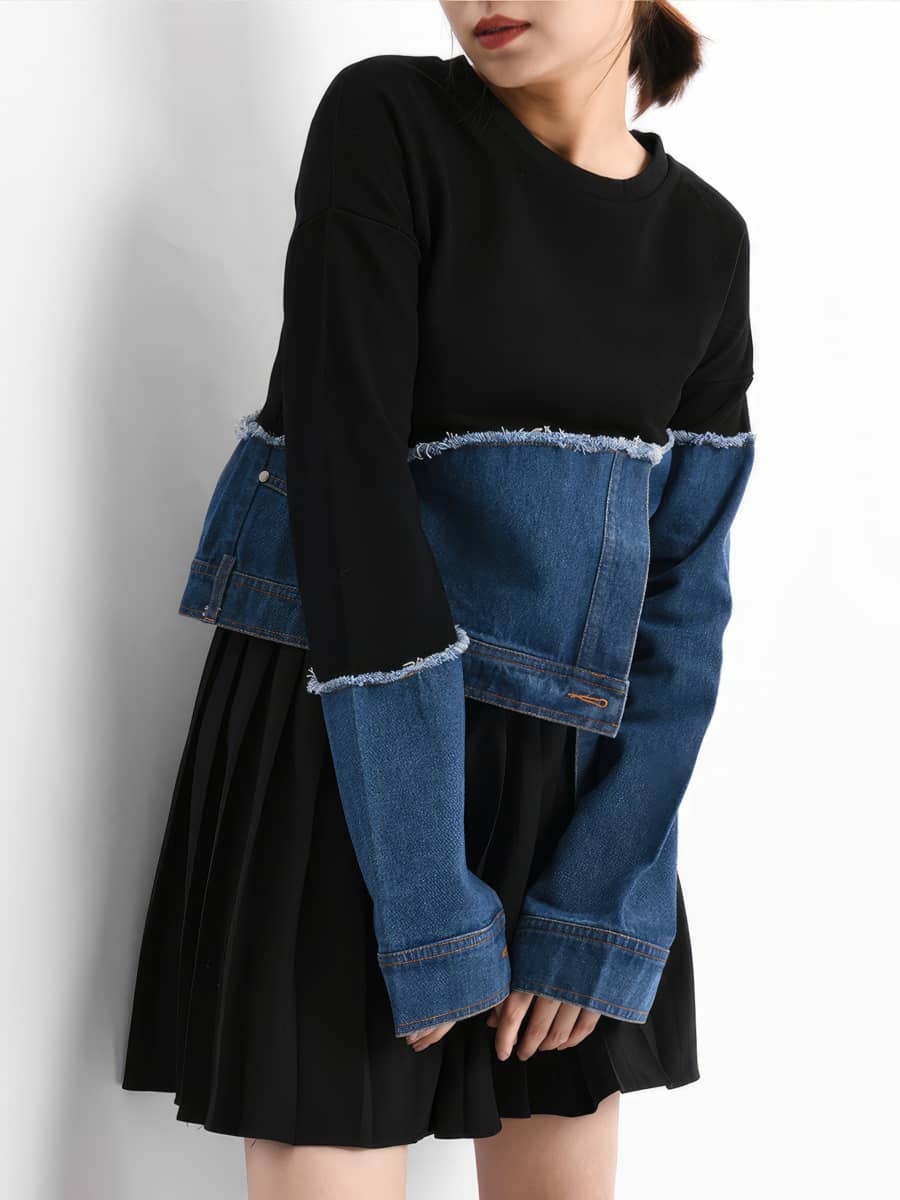 Asymmetric Denim Contrasting Track Top