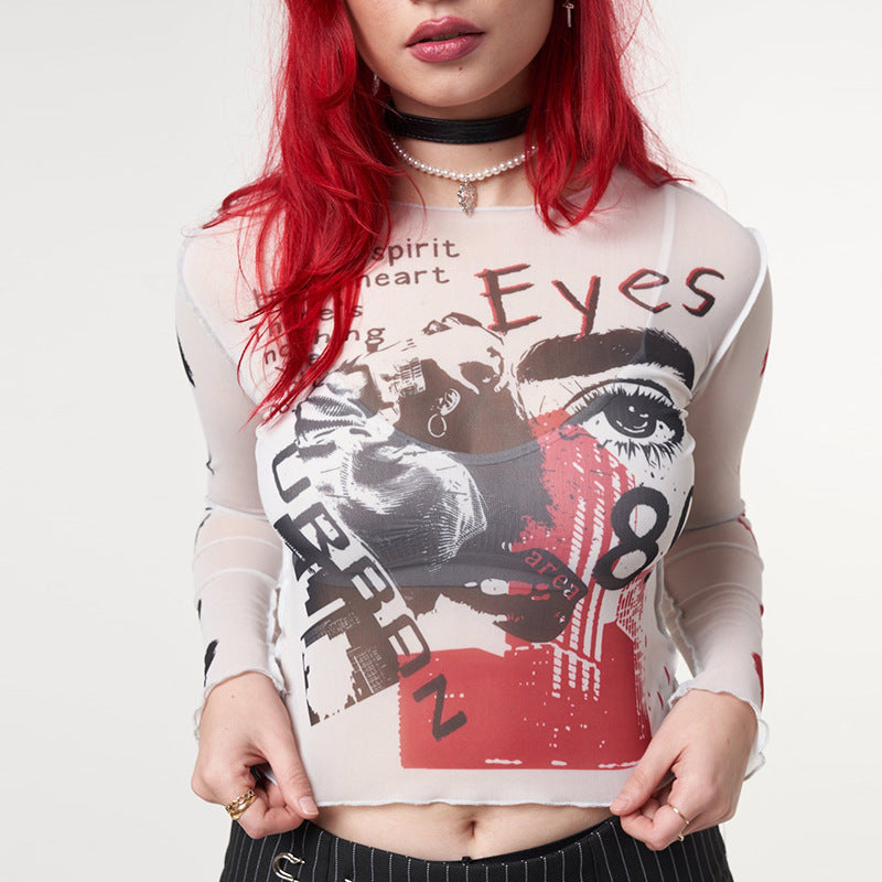 Mesh printed navel exposed casual long-sleeved T-shirt