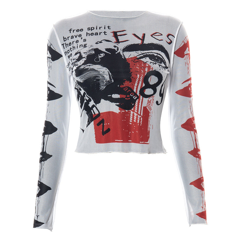 Mesh printed navel exposed casual long-sleeved T-shirt