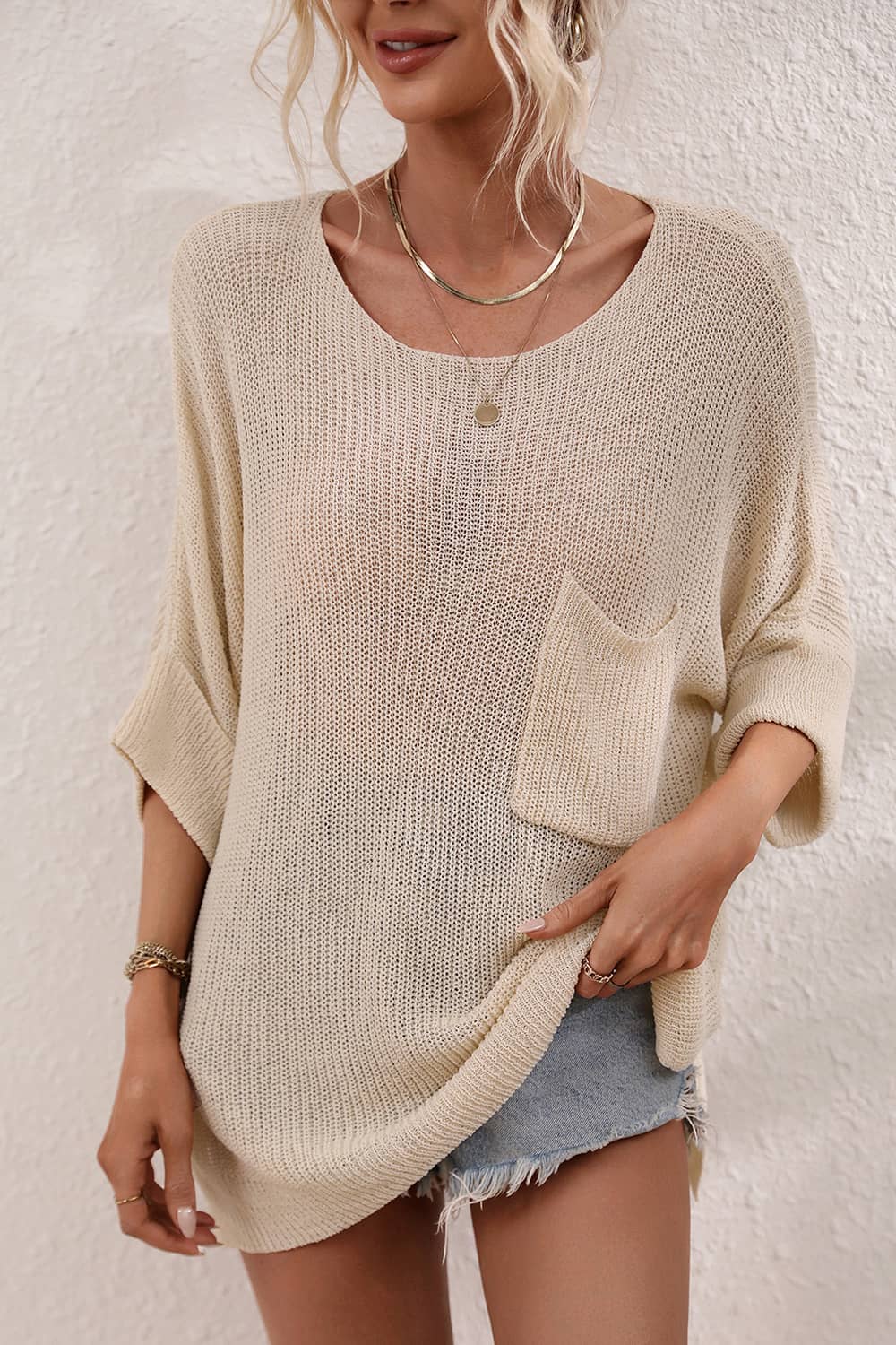 Spring and summer loose solid color knitted T-shirt