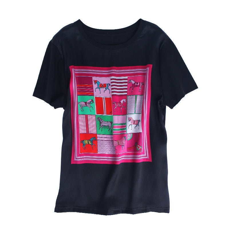 Silk Printed Short Sleeve T-shirt Women's Top  | IFAUN