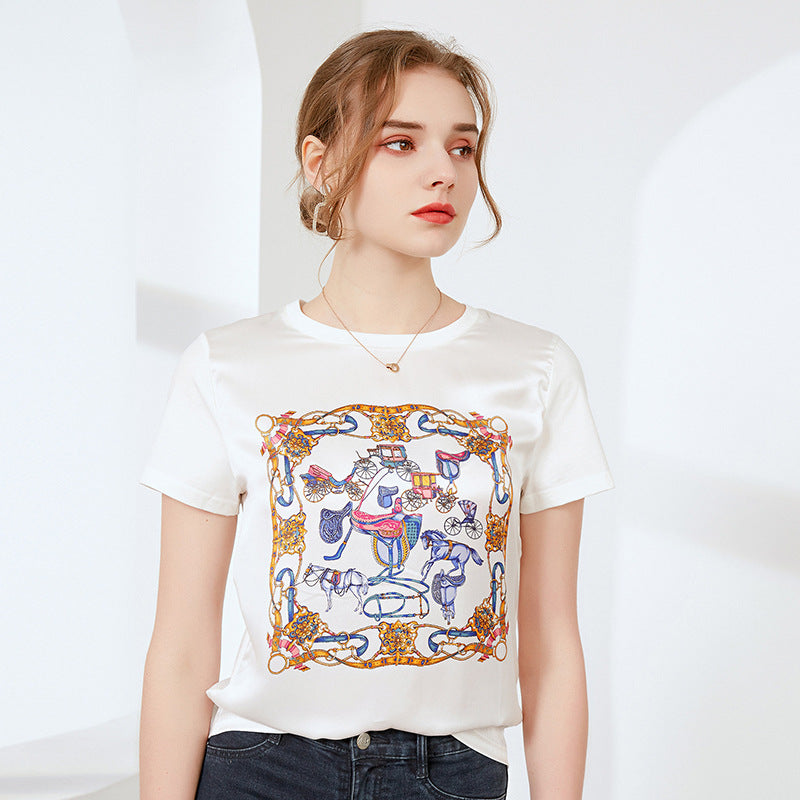 Silk Printed Short Sleeve T-shirt Women's Top E / 2XL | IFAUN