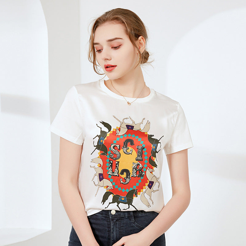 Silk Printed Short Sleeve T-shirt Women's Top F / 2XL | IFAUN