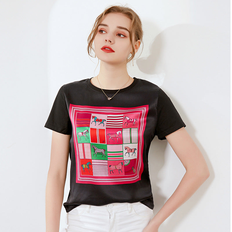 Silk Printed Short Sleeve T-shirt Women's Top A / 2XL | IFAUN