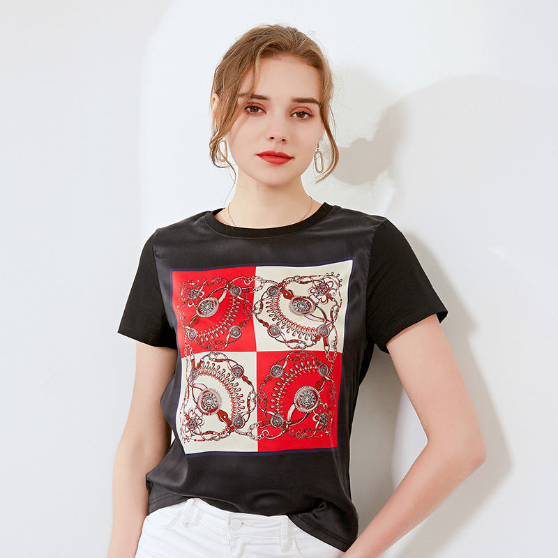 Silk Printed Short Sleeve T-shirt Women's Top D / 2XL | IFAUN