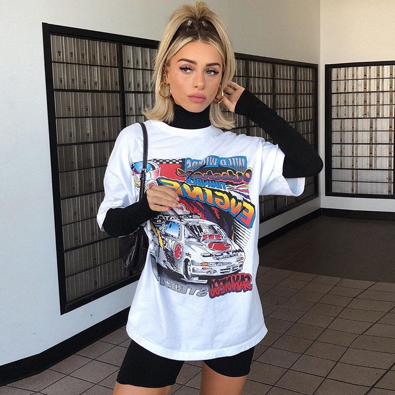 Retro short-sleeve racing print loose t-shirt women White / M | IFAUN