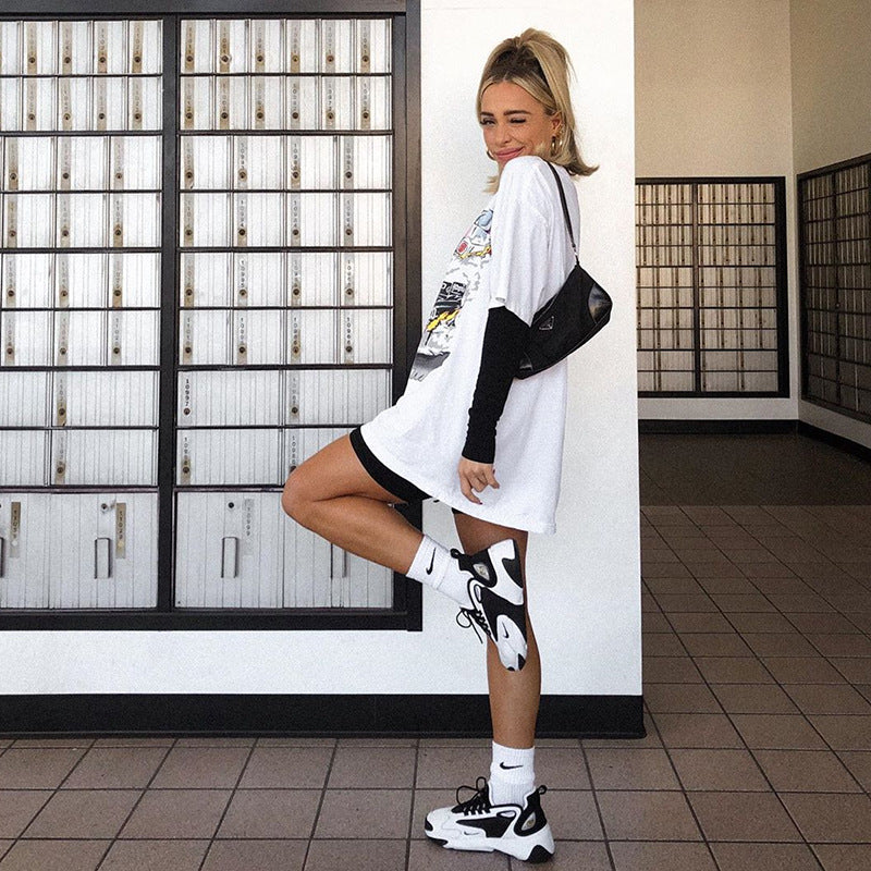 Retro short-sleeve racing print loose t-shirt women  | IFAUN