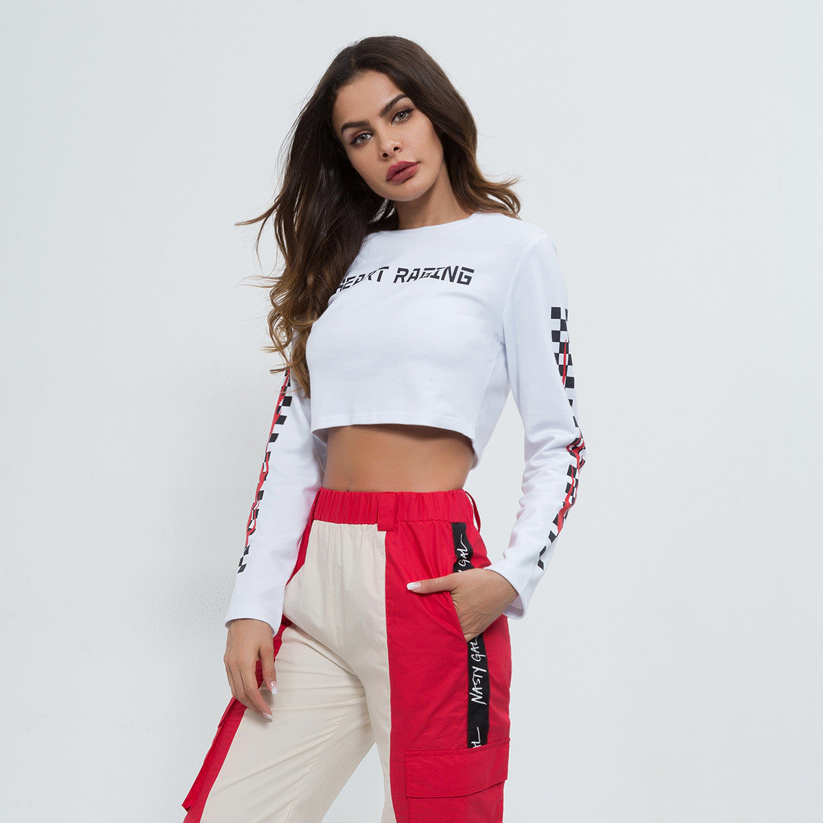 Navel-baring long-sleeved black and white flame sexy trendy T-shirt White / M | IFAUN