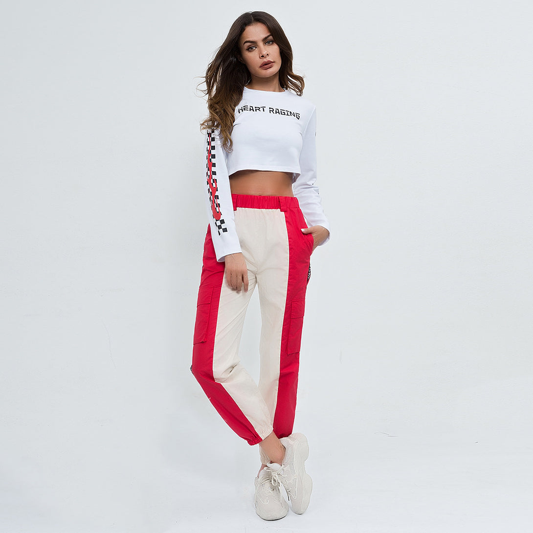 Navel-baring long-sleeved black and white flame sexy trendy T-shirt  | IFAUN