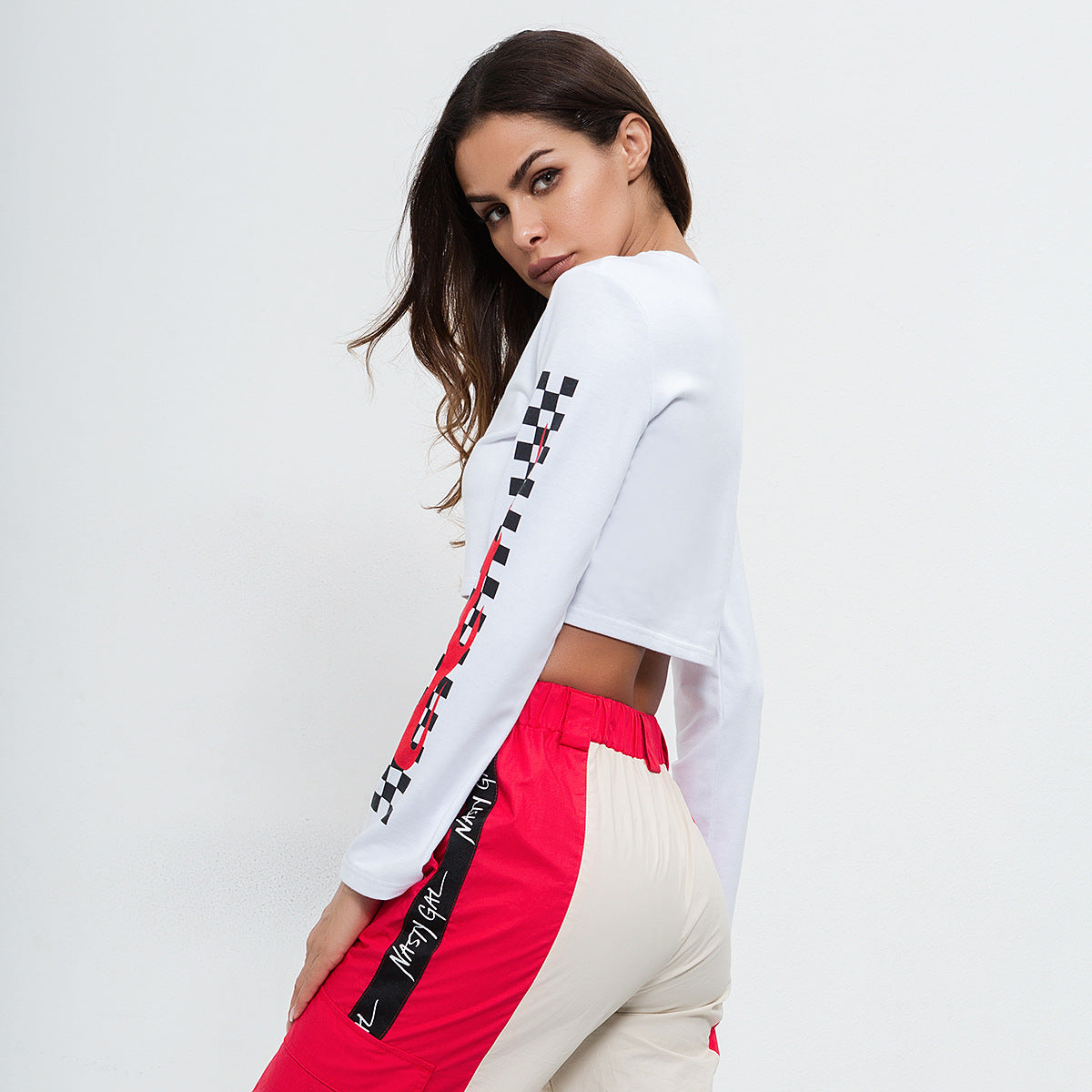 Navel-baring long-sleeved black and white flame sexy trendy T-shirt  | IFAUN