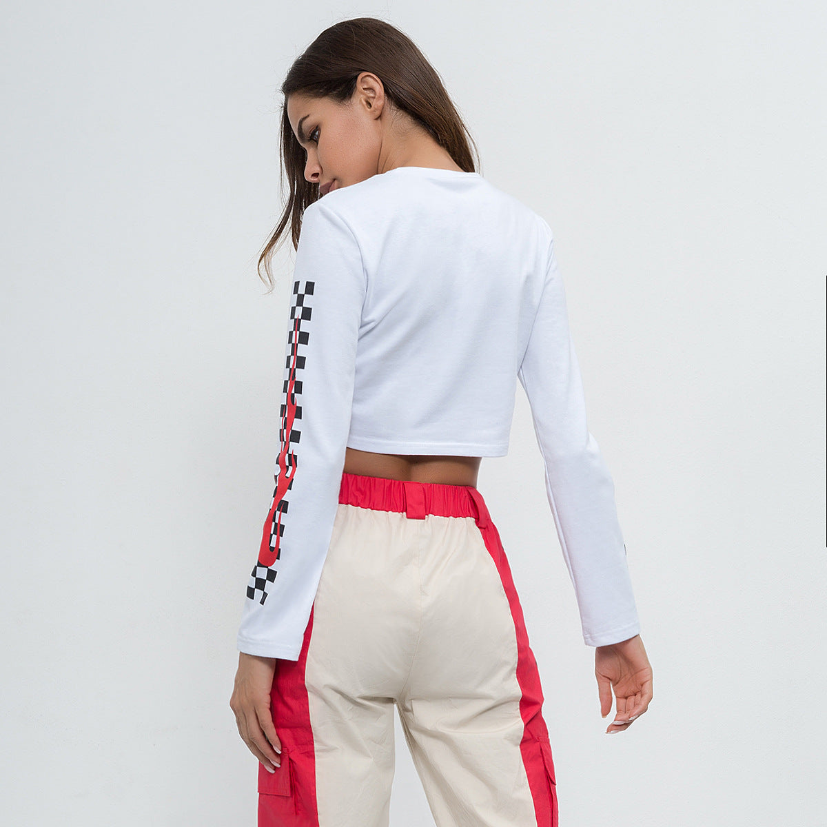 Navel-baring long-sleeved black and white flame sexy trendy T-shirt  | IFAUN