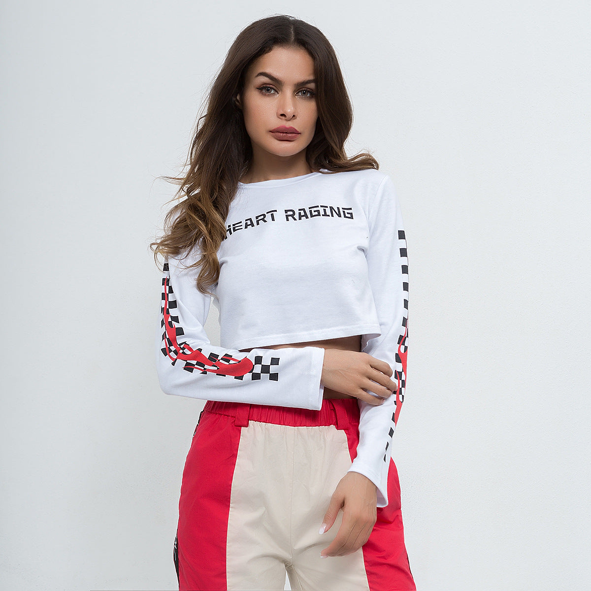 Navel-baring long-sleeved black and white flame sexy trendy T-shirt White / S | IFAUN