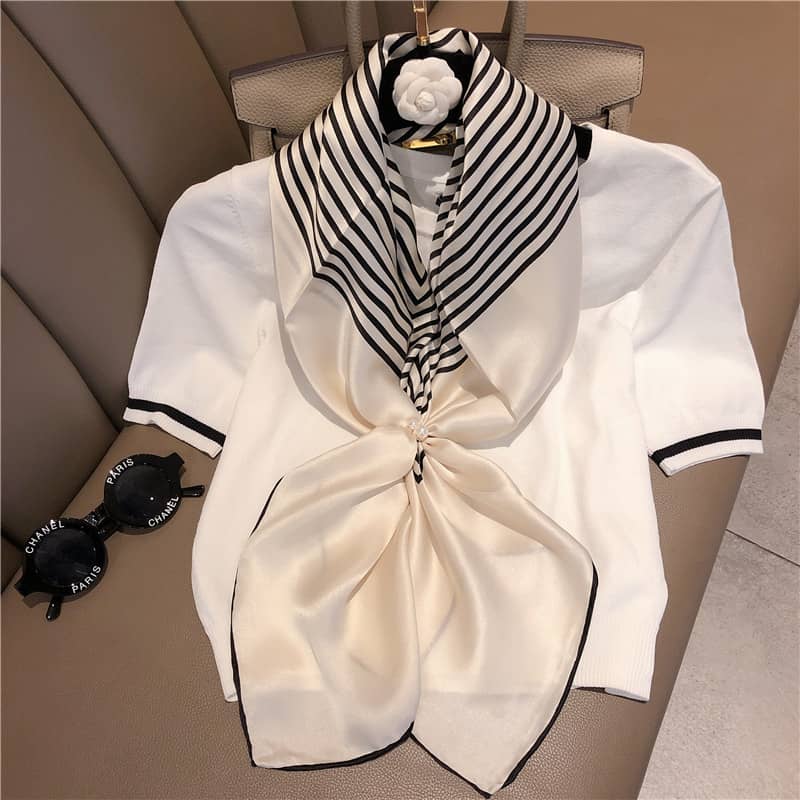 Black and white striped silk Square scarf - 90cm