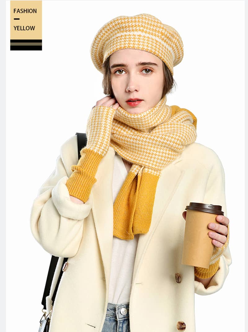 Women's plaid painter hat warm hat scarf gloves three-piece set