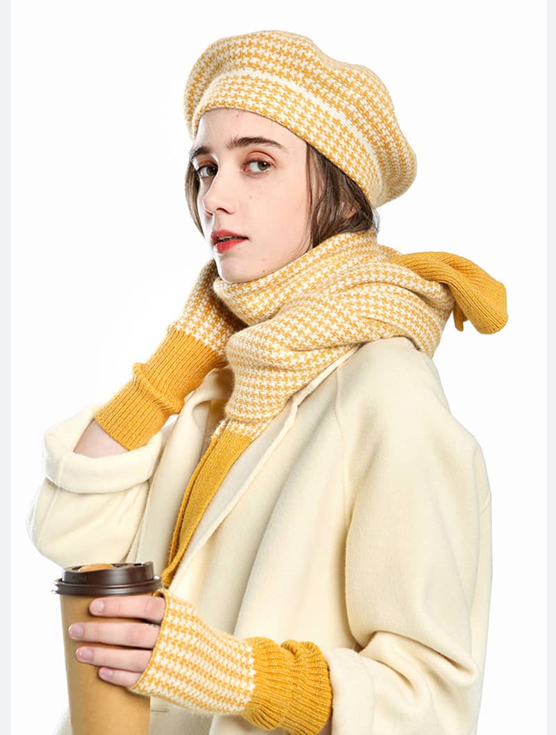 Women's plaid painter hat warm hat scarf gloves three-piece set
