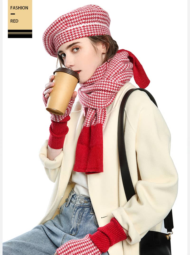 Women's plaid painter hat warm hat scarf gloves three-piece set
