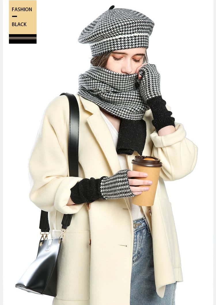 Women's plaid painter hat warm hat scarf gloves three-piece set