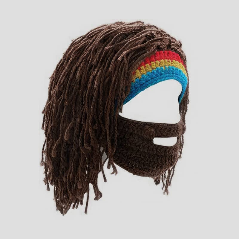 Long Crochet Wig Cap Creative Straw Hat + Beard Mask
