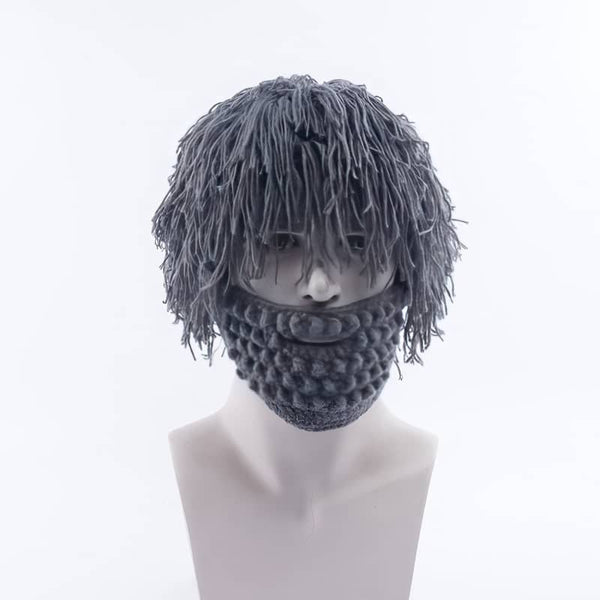 Solid Color Long Crochet Wool Wig Cap Creative Straw Hat + Beard