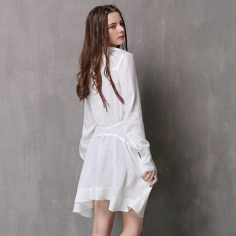 Women's irregular waist long-sleeved cotton and linen top  | IFAUN