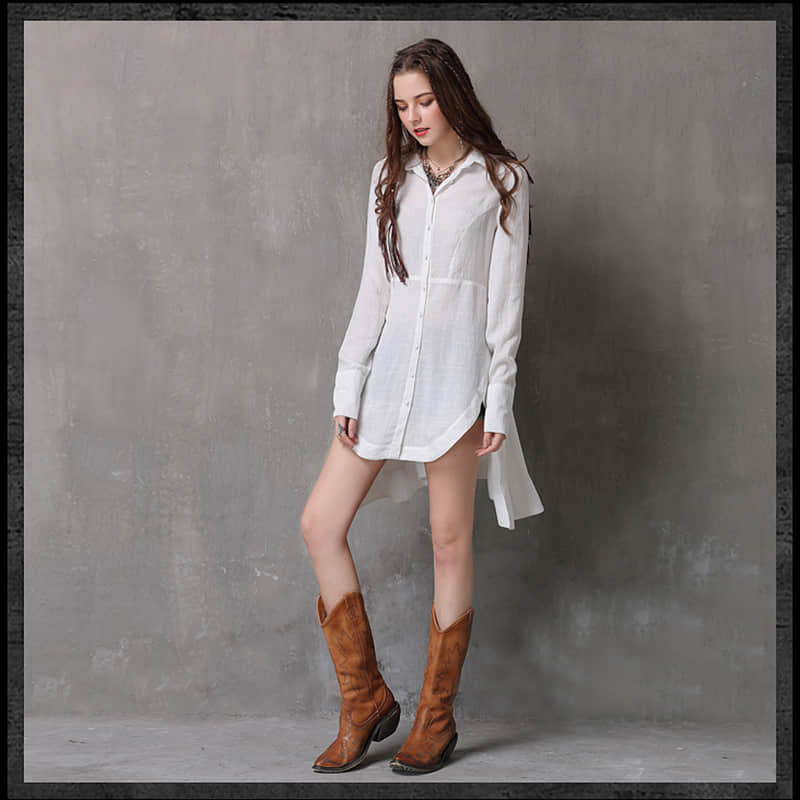 Women's irregular waist long-sleeved cotton and linen top  | IFAUN