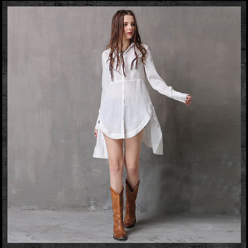 Women's irregular waist long-sleeved cotton and linen top  | IFAUN
