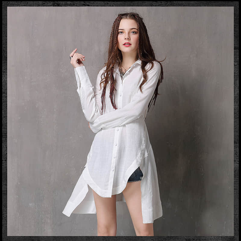 Women's irregular waist long-sleeved cotton and linen top  | IFAUN