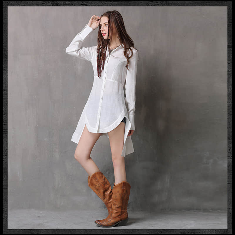 Women's irregular waist long-sleeved cotton and linen top  | IFAUN