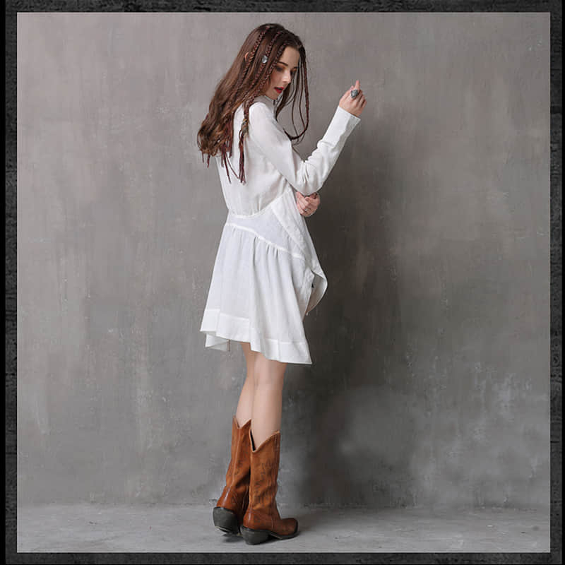 Women's irregular waist long-sleeved cotton and linen top  | IFAUN