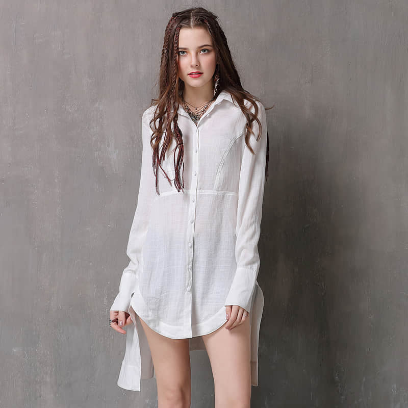 Women's irregular waist long-sleeved cotton and linen top XL | IFAUN