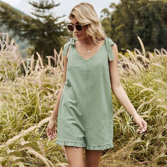 Bowknot Knot Shoulder Frill Hem Romper LightGreen / S | IFAUN