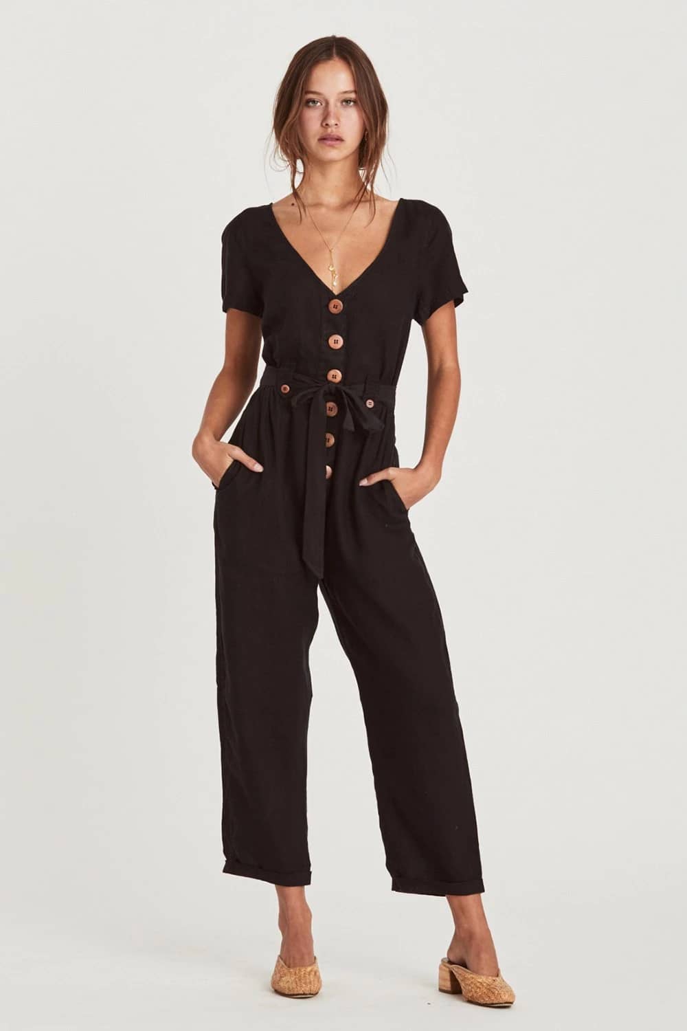Single-breasted all-match cropped jumpsuit Black / M | IFAUN